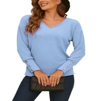 Жени v копчета за шия в ръкав Плетене дама с дълъг ръкав мек основен плетен лек пуловер за падане пуловер плюс размер