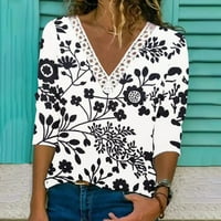Големи тениски за жени флорални отпечатани v-образно деколте с дълъг ръкав удобни мрежести ежедневни модни блузи върхове тренировки ежедневни тениски