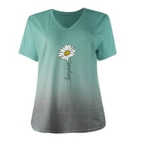Gotyou Spring Tops Women Gradient Print Fashion Кратък ръкав V-образен мак малък хризантема тениска зелена xxl