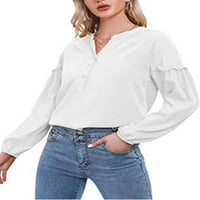 Frontwalk Women Button Up ризи памучен дълъг ръкав блузи v шия ежедневно ленено туники плътни цветови върхове