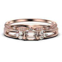 Класически минималистичен 1. Карат багет нарязана морганит и диамантен мойсанит годежен пръстен, сплит сватбен пръстен в 10k твърда розова злато, обещаващ пръстен, юбилеен пръстен, булчински пръстени