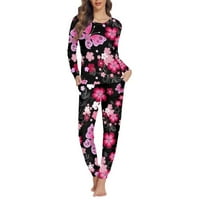 Pzuqiu размер заспиване за жени пижама комплект трайни дълги панталони о-шийни пуловер върхове леки меки спални дрехи, пеперуда цветя термичен джогинг атлетически тоалети