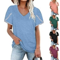 Плюс размери тениски за жени v шия с къс ръкав тройник с твърд цвят свободна блуза