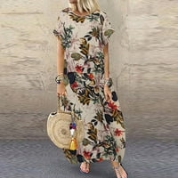 Жени плюс размер O-Neck Floral Print Vintage с къс ръкав свободна дълга рокля лятна рокля жени ежедневни солидна рокля от миди