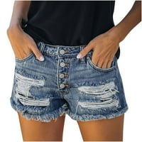 Деним шорти жени лято разкъсани сурови сурови джински къси панталони ежедневни средни талии леки еластични дънкови шорти с джоб