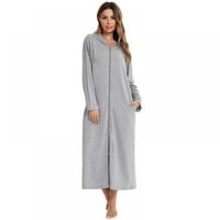 Женски халат с цип с цип с дълъг ръкав с дълъг ръкав с пълна дължина пижама с джобове S-XXL