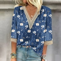 Риза на блуза на Sendkeelwomen Blouse Casual Loose ризи дантелени ръкави за печат v върхове за шия от печат тениски тениски