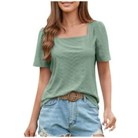 Жени летни блузи женски квадратна шия с къс ръкав пуловер туника върхове модни ежедневни памучни бельо тениски тениски Зелен S