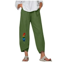 Пролетна мода в цъфтеж, Poropl Fashion с висока талия с права тръба венчелистче с перо отпечатано памучно бельо универсално ежедневни панталони Панталони Панталони Жени Разчистване Зелен размер 10