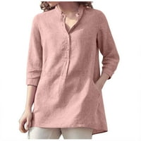 mnjin жени ризи и блузи дамски v копчета за шия солидни върхове в ръкав небрежна разхлабена риза блуза тениска за жени розово s