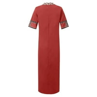 Entyinea дамски летни рокли небрежни v шия с къс ръкав отпечатана сплит риза рокля червен m