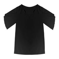 Xinqinghao женски разхлабени плисирани къси ръкави върхове жени жени солиден цвят v шия тънка тениска върхове черни l
