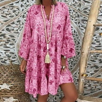 Wavsuf летни рокли за жени Лято и есенно просвет, отпечатан флорален разхлабен огромен ръкав Макси Горещ розов рокля размер s