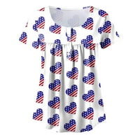 Модни върхове за жените Ден на независимостта за жени плюс размер американски 4 юли отпечатани v шия тениски с къс ръкав бутон пуловер върхове блуза